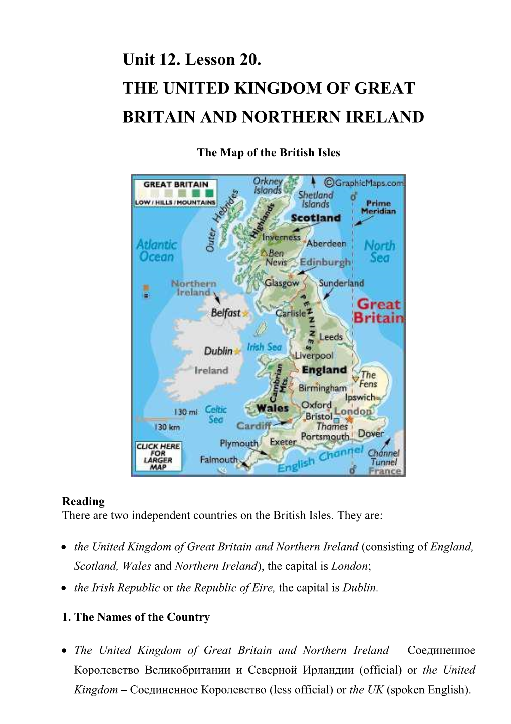 Unit 12. Lesson 20. the UNITED KINGDOM of GREAT BRITAIN and NORTHERN IRELAND