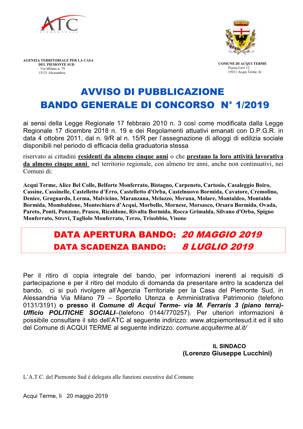 Avviso Di Pubblicazione Bando Generale Di Concorso N° 1/2019