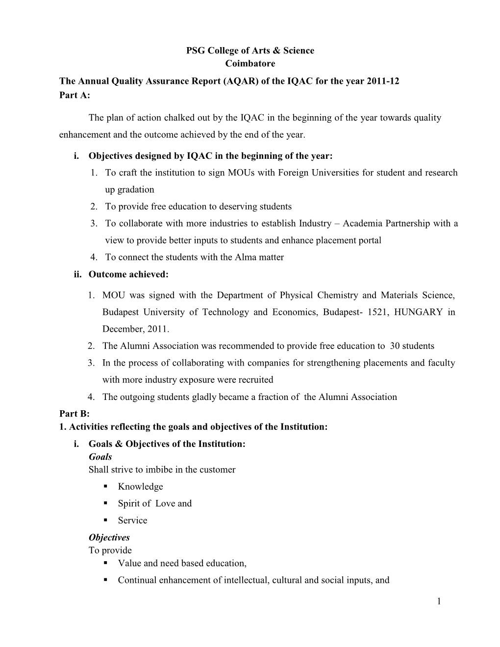 (AQAR) of the IQAC for the Year 2011-12 Part