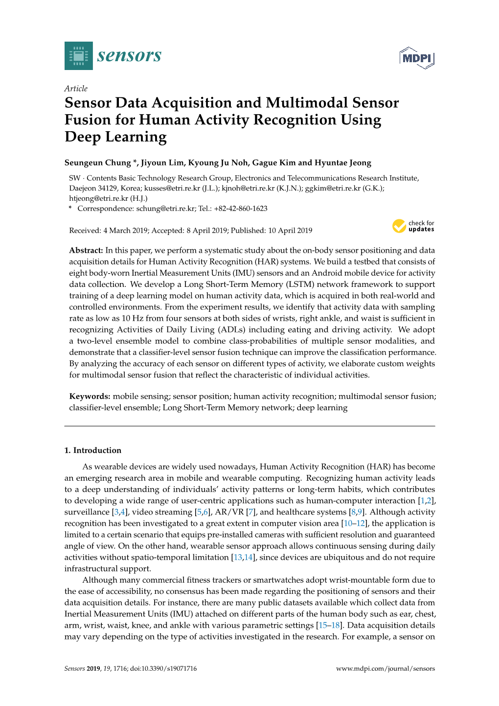 Sensor Data Acquisition and Multimodal Sensor Fusion for Human Activity Recognition Using Deep Learning