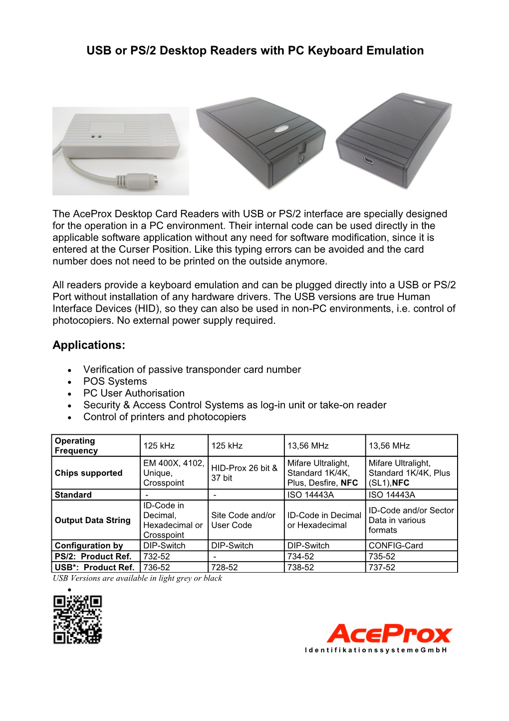 USB Or PS/2 Desktop Readers with PC Keyboard Emulation