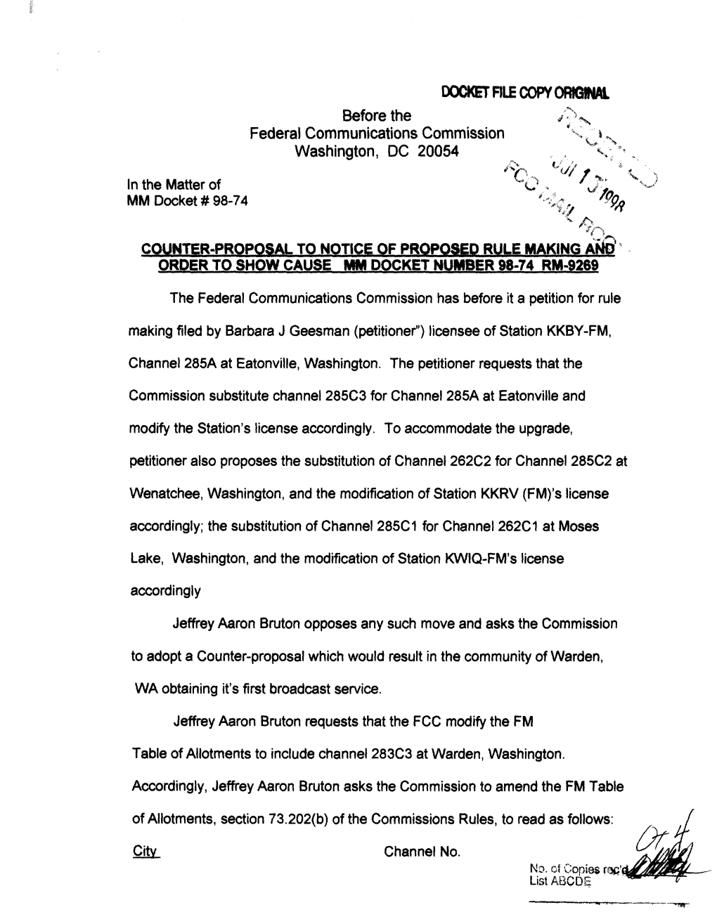 DOCKET FILE COPY ORIGM Before the Federal Communications Commission Washington, DC 20054