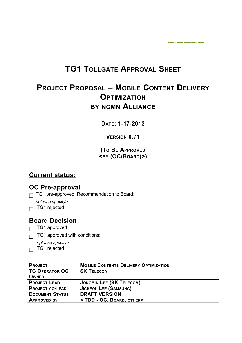 TG1 Tollgate Approval Sheet