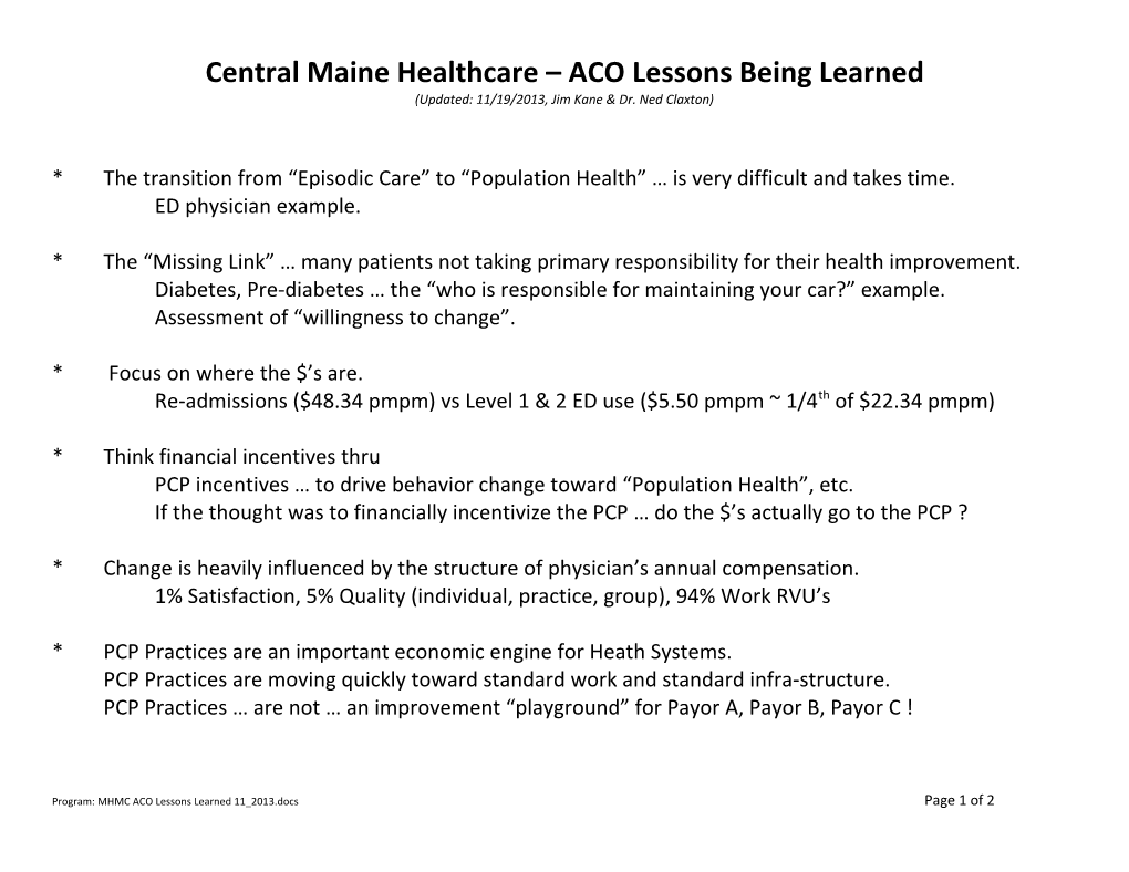 Central Maine Healthcare ACO Lessons Being Learned