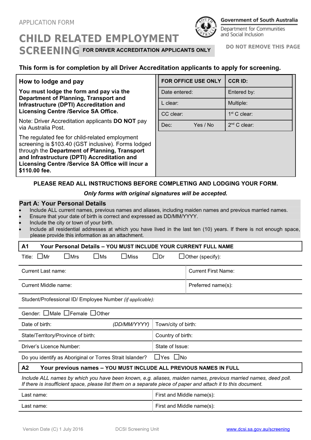 1 July 2016 DPTI Child Related Employment Screening