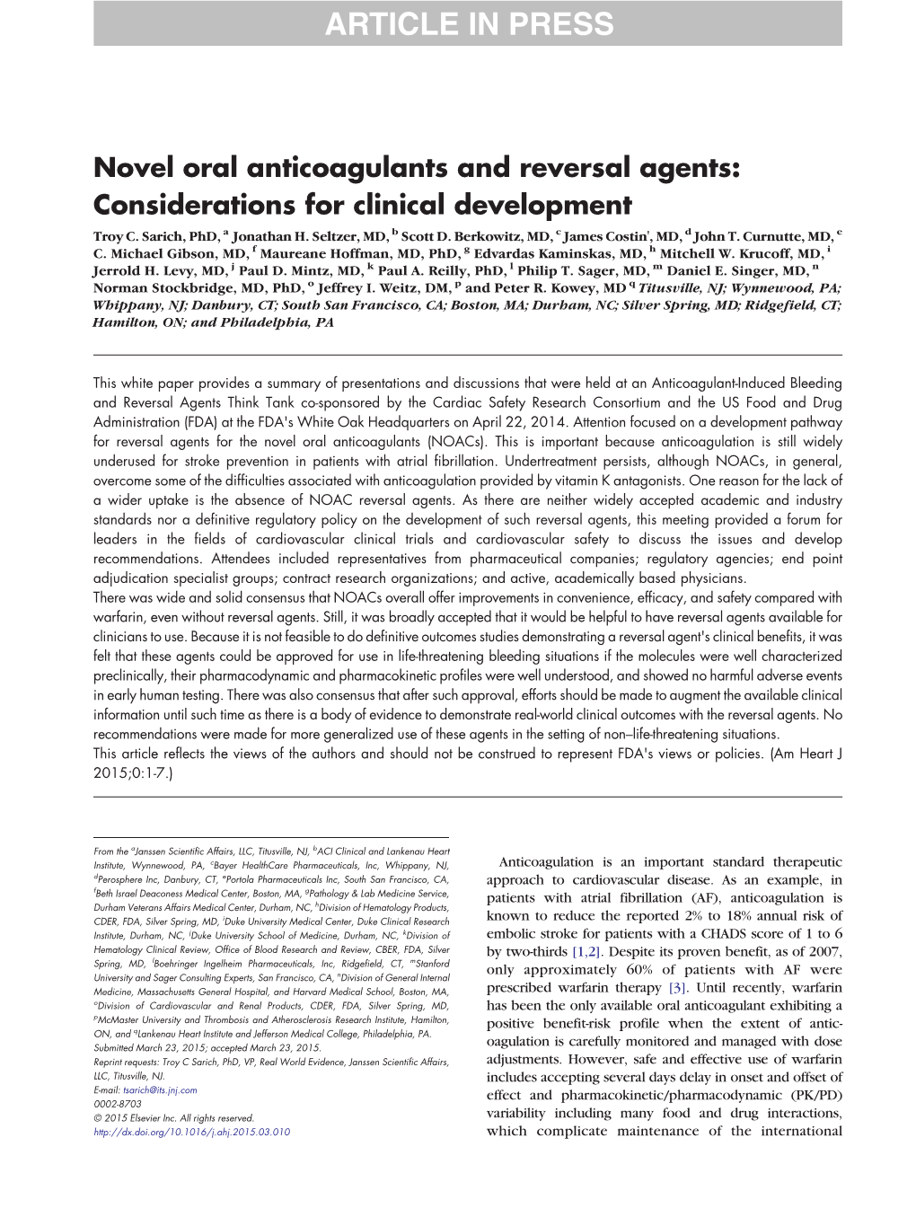 Novel Oral Anticoagulants and Reversal Agents: Considerations for Clinical Development Troy C