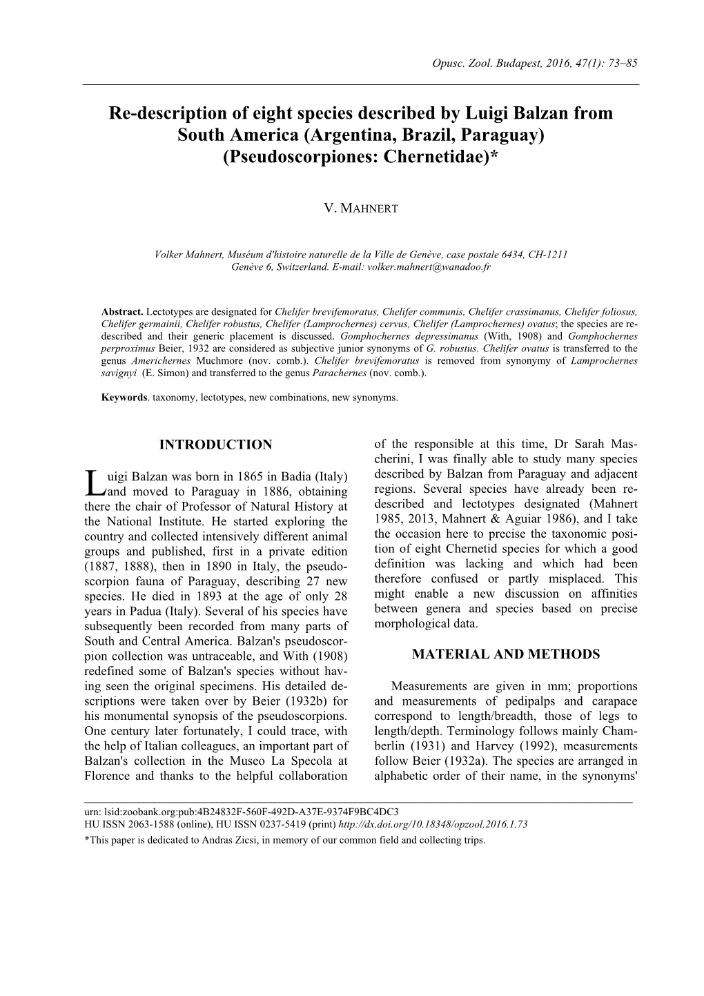 Re-Description of Eight Species Described by Luigi Balzan from South America (Argentina, Brazil, Paraguay) (Pseudoscorpiones: Chernetidae)*