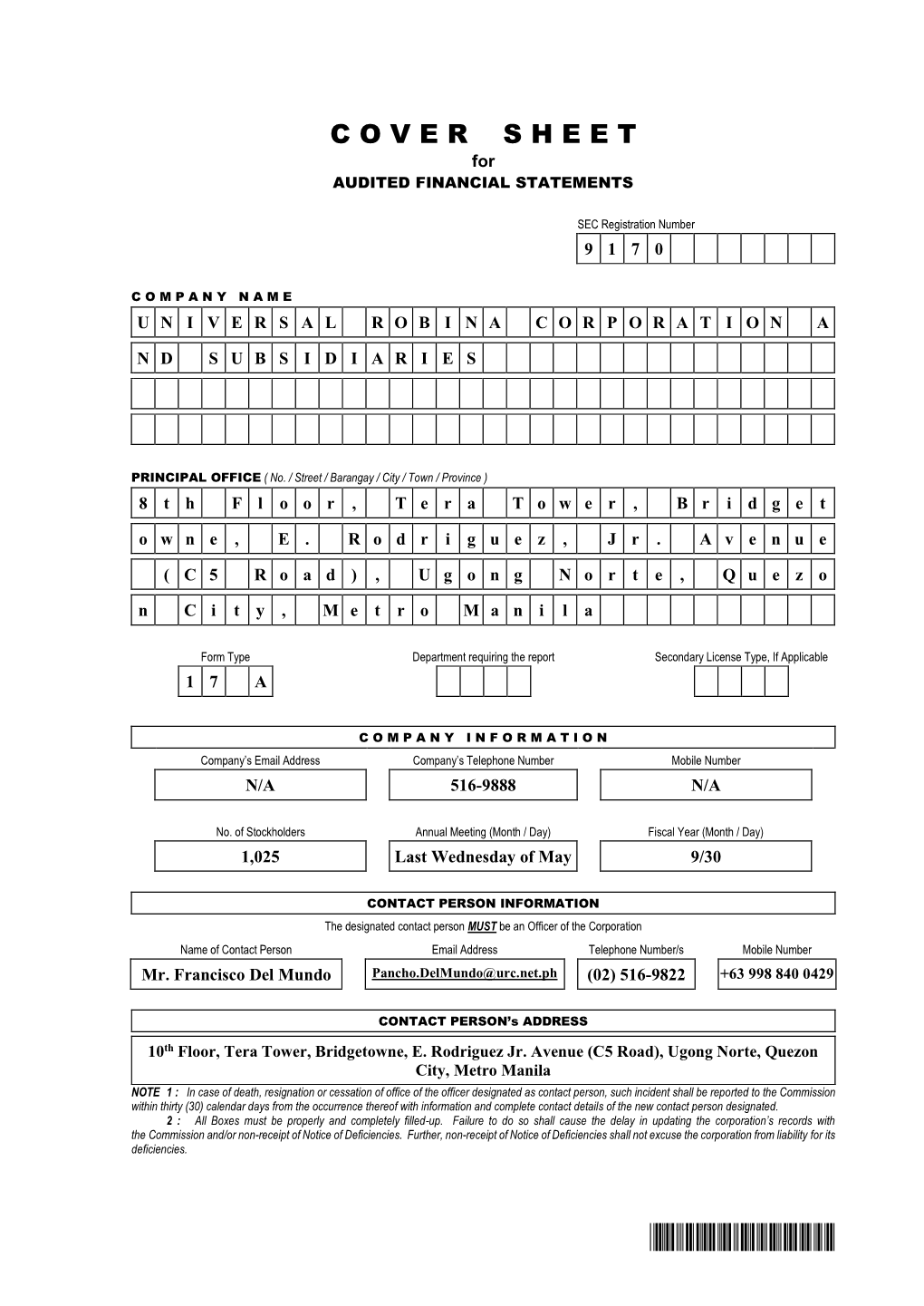 URC SEC 17-A, September 2016