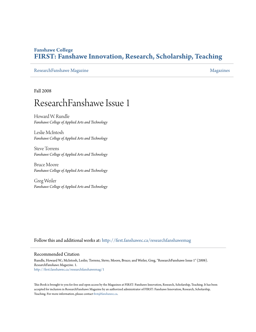 Researchfanshawe Issue 1 Howard W