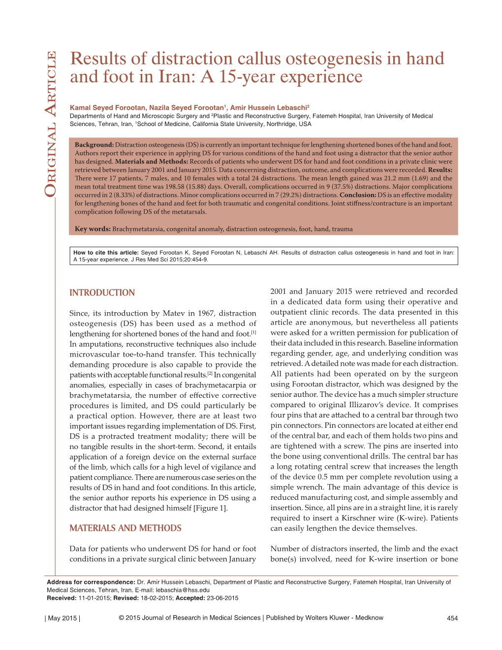 Results of Distraction Callus Osteogenesis in Hand and Foot in Iran