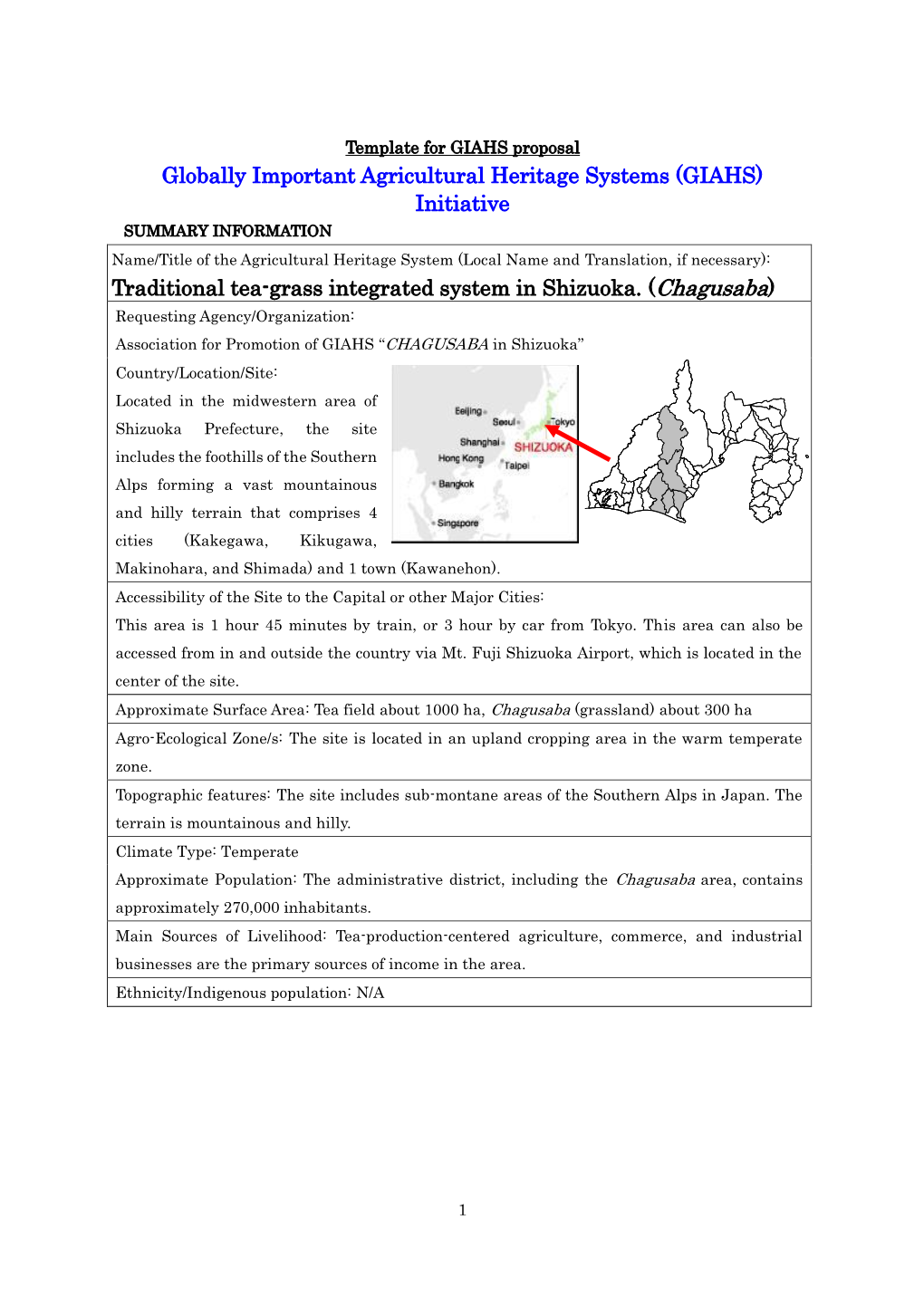 Traditional Tea-Grass Integrated System in Shizuoka. (Chagusaba). Template for GIAHS Proposal. Globally Important Agricultural H