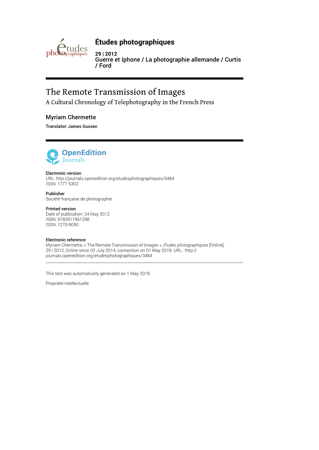 Études Photographiques, 29 | 2012 the Remote Transmission of Images 2