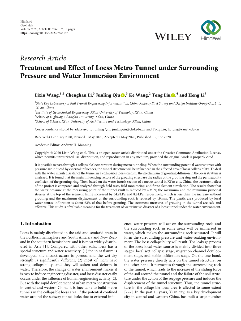 Treatment and Effect of Loess Metro Tunnel Under Surrounding Pressure and Water Immersion Environment