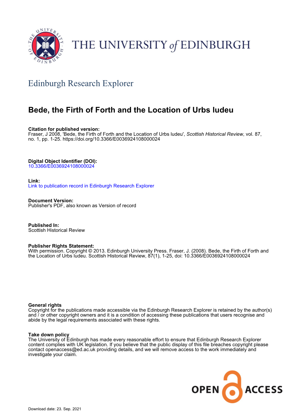 Bede, the Firth of Forth, and the Location of &lt;Italic&gt;Urbs Iudeu&lt;/Italic&gt;