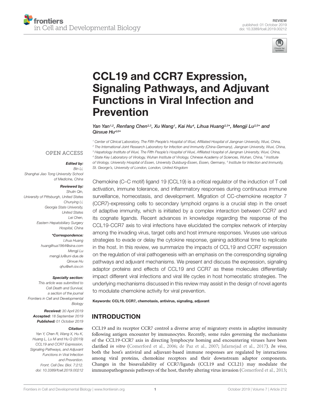 CCL19 and CCR7 Expression, Signaling Pathways, and Adjuvant Functions in Viral Infection and Prevention