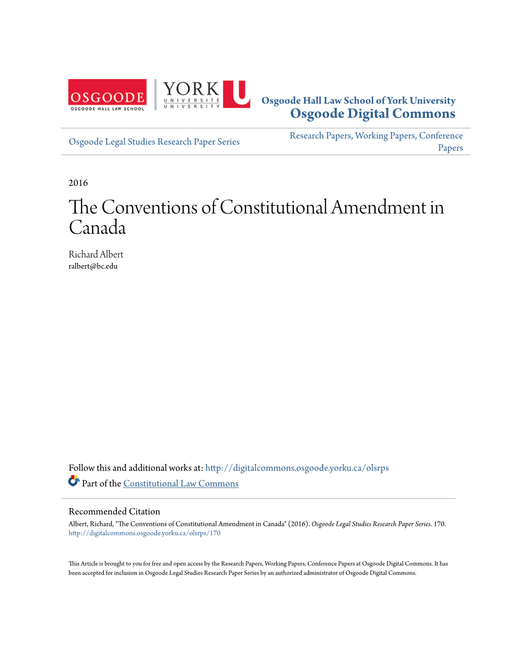 The Conventions of Constitutional Amendment in Canada Osgoode Hall Law Journal, Vol