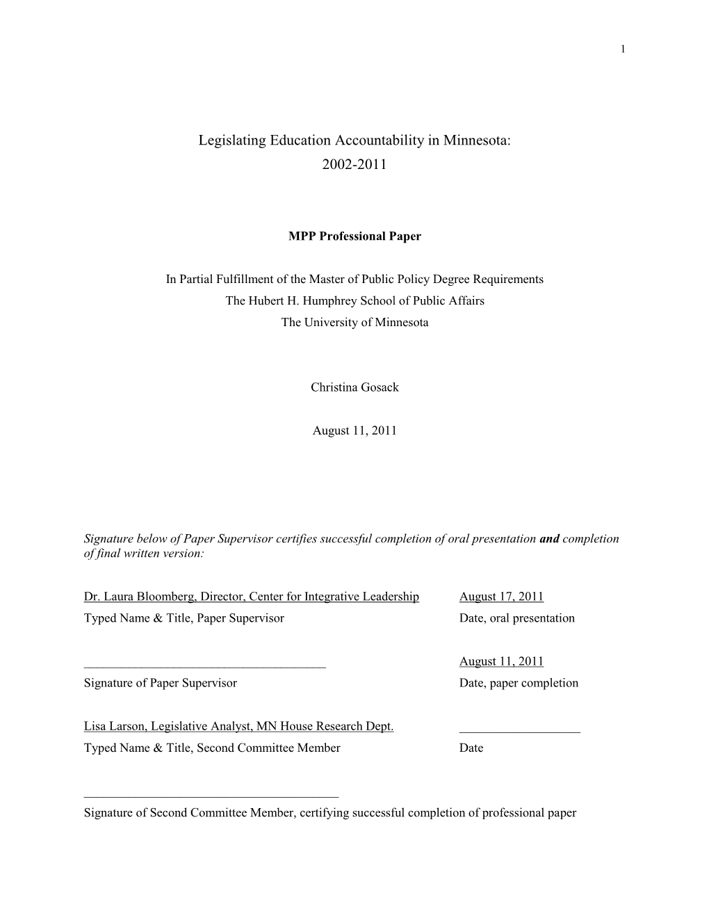 Legislating Education Accountability in Minnesota: 2002-2011