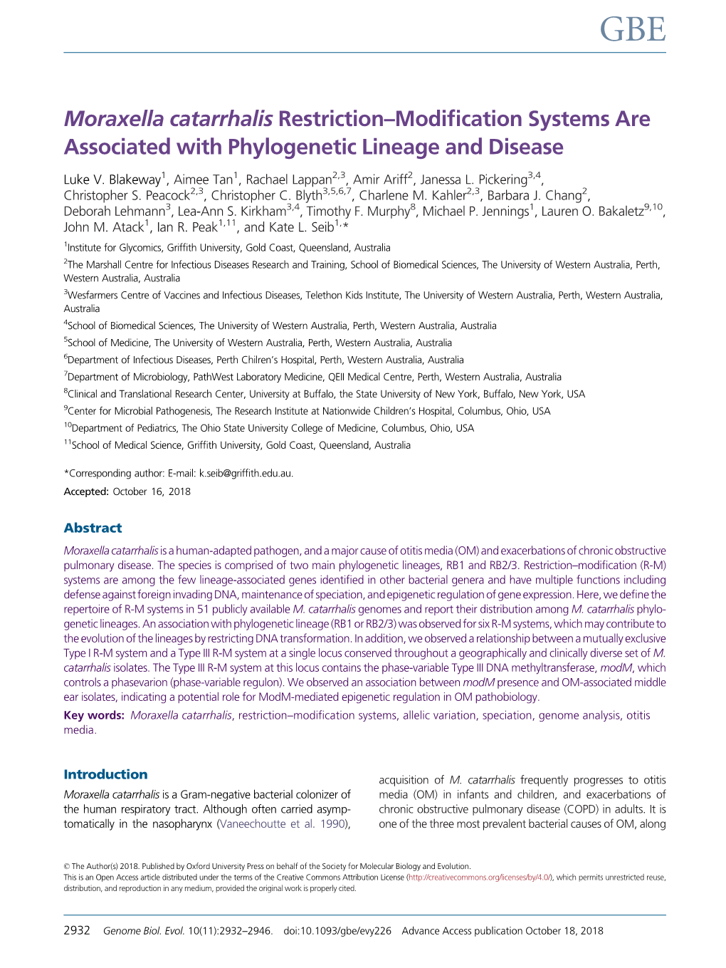 Moraxella Catarrhalis Restriction–Modification Systems Are