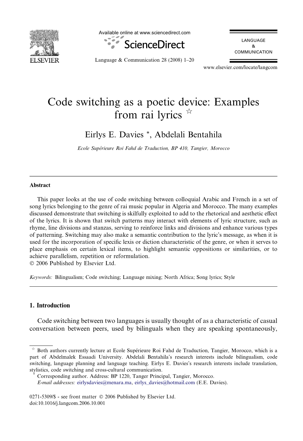 Code Switching As a Poetic Device: Examples from Rai Lyrics Q