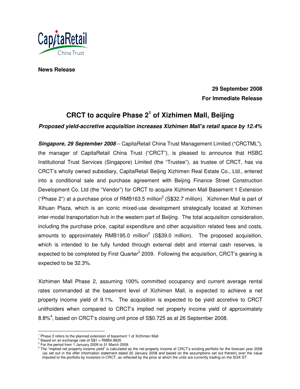 CRCT to Acquire Phase 2 of Xizhimen Mall, Beijing