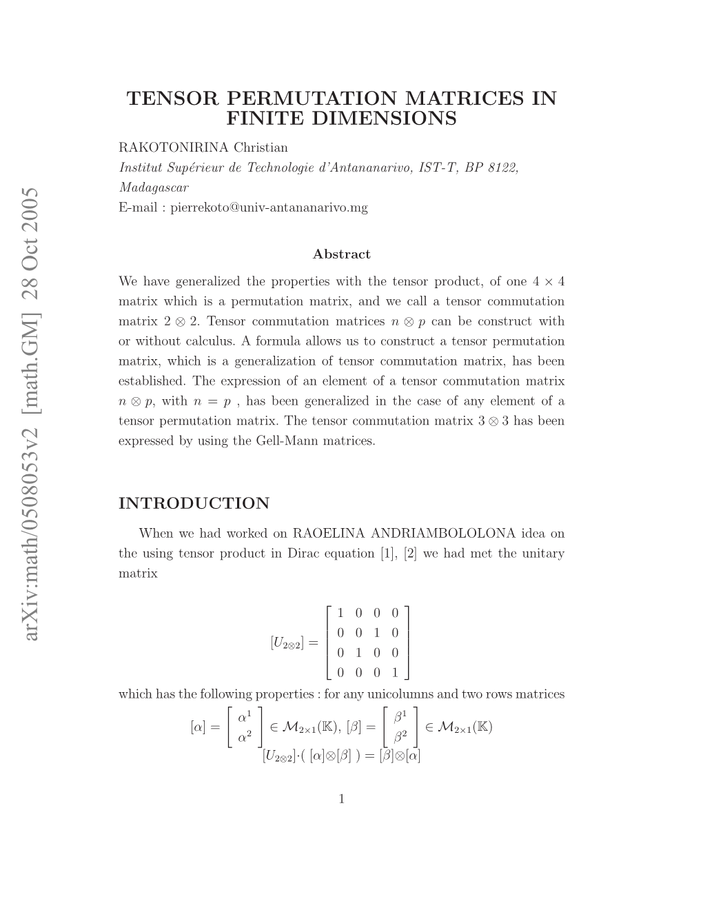 Tensor Permutation Matrices in Finite Dimensions