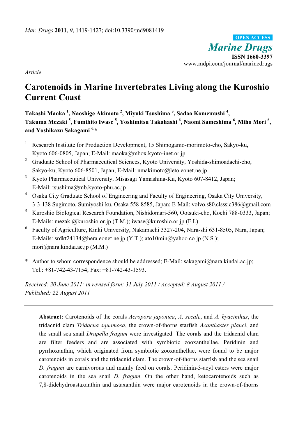 Carotenoids in Marine Invertebrates Living Along the Kuroshio Current Coast