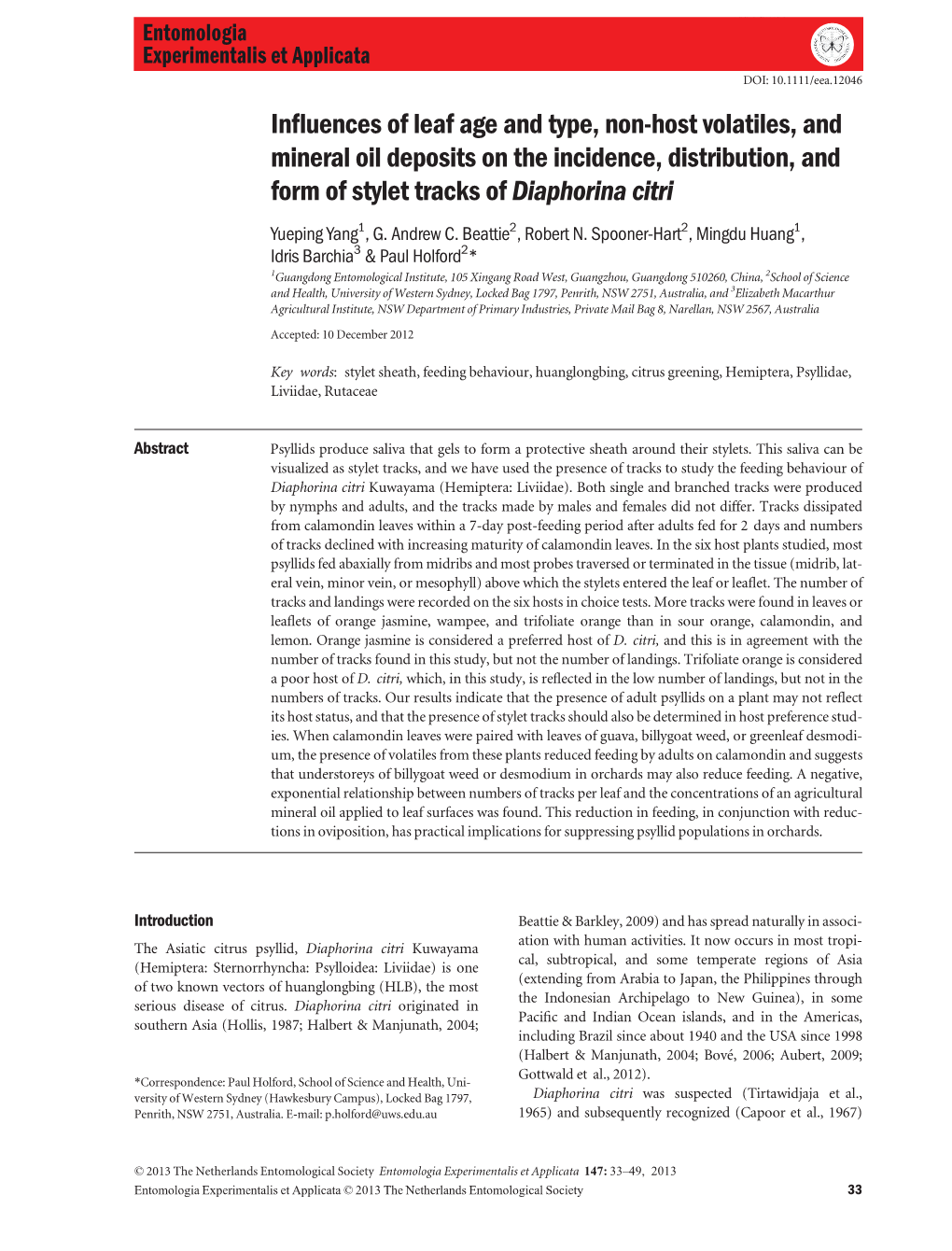 Pdf Aubert B (2009) a New Threat to Mediterranean Citrus, Huang- Adult D