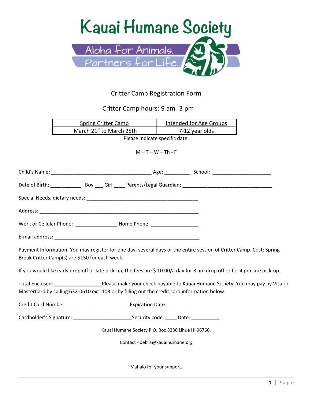 Critter Camp Registration Form