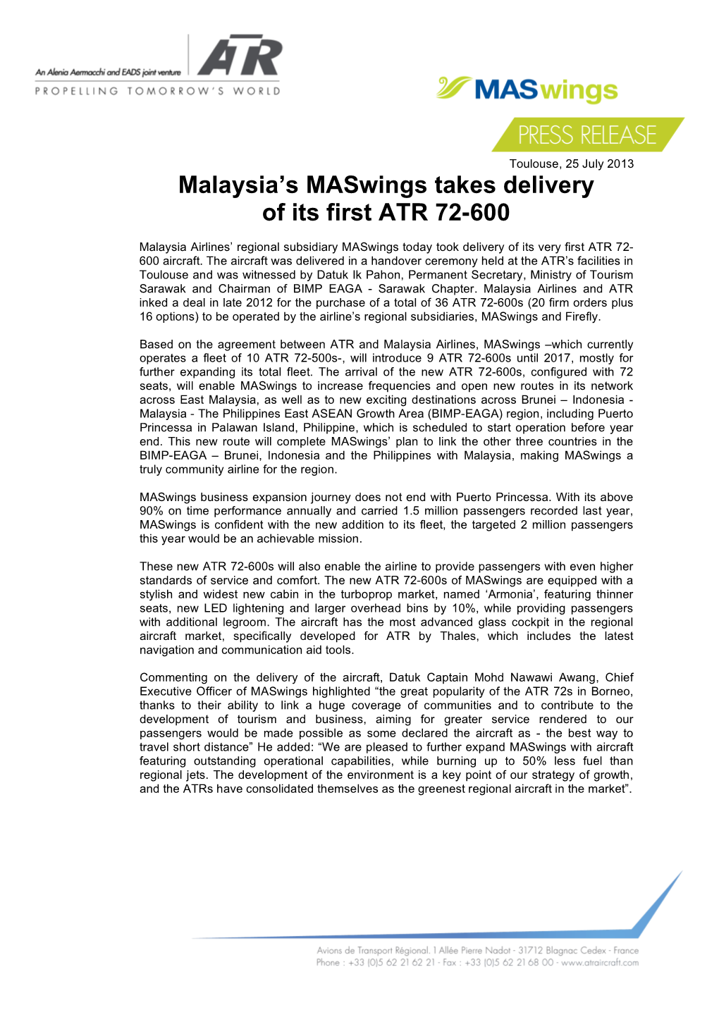 Malaysia's Maswings Takes Delivery of Its First ATR 72-600