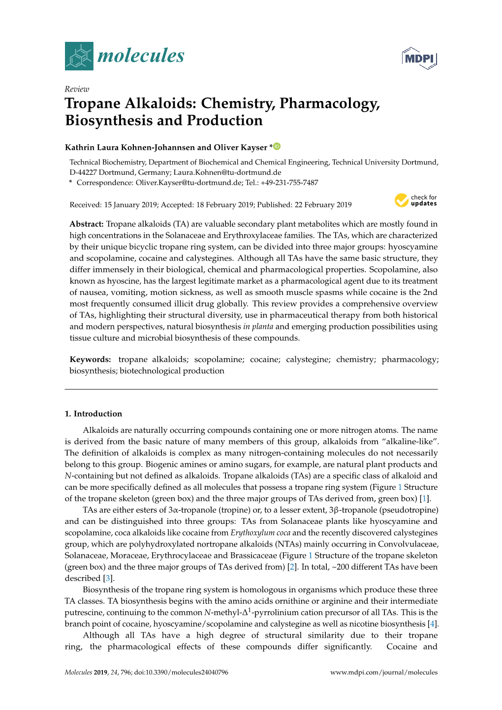 Tropane Alkaloids: Chemistry, Pharmacology, Biosynthesis and Production