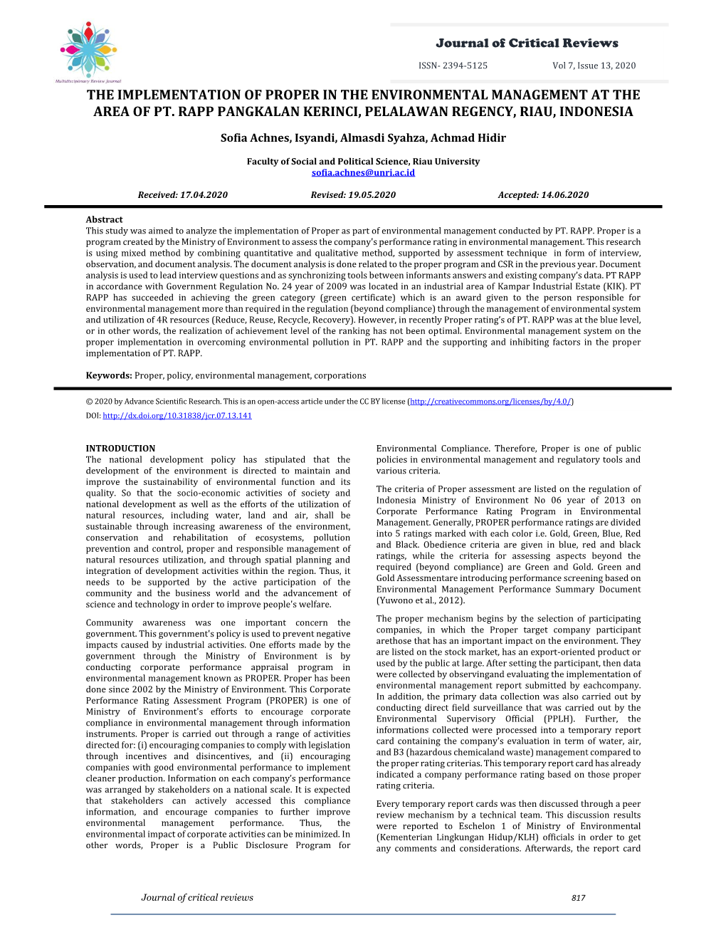 The Implementation of Proper in the Environmental Management at the Area of Pt. Rapp Pangkalan Kerinci, Pelalawan Regency, Riau, Indonesia