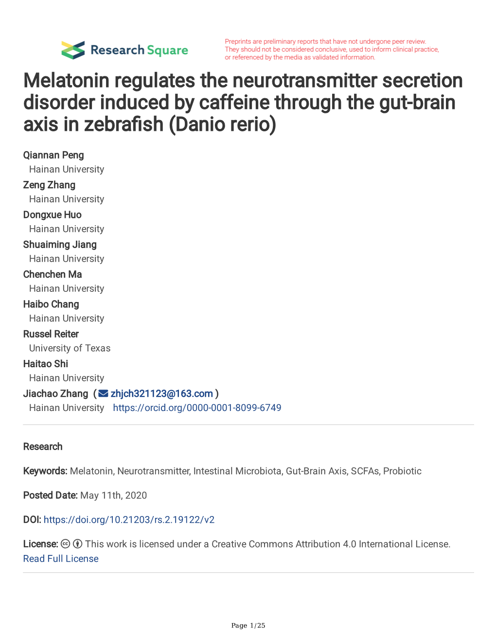 Melatonin Regulates the Neurotransmitter Secretion Disorder Induced by Caffeine Through the Gut-Brain Axis in Zebrafsh (Danio Rerio)