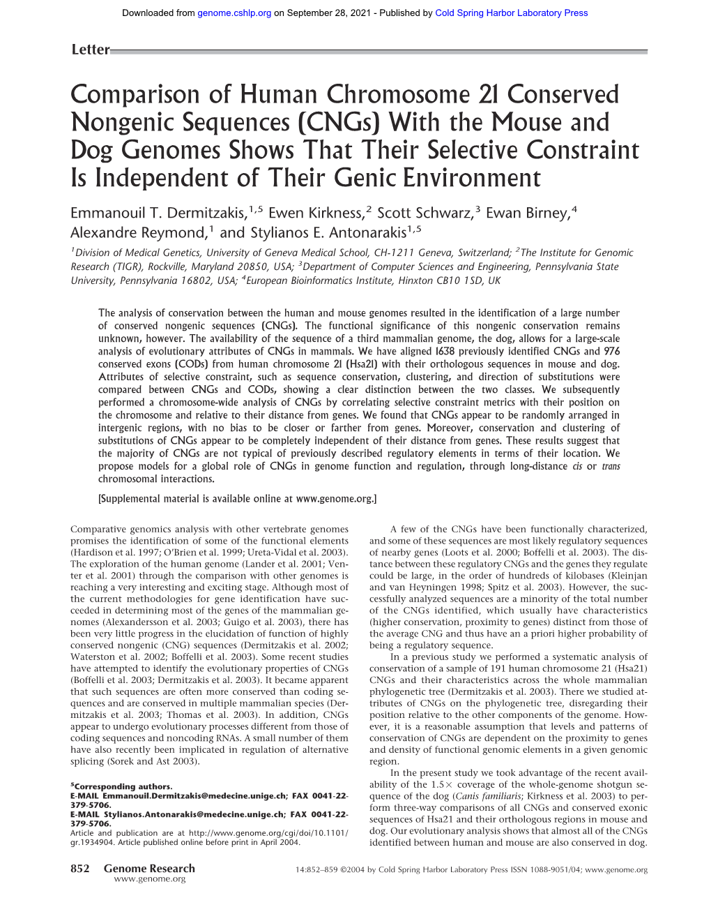 Comparison of Human Chromosome 21 Conserved Nongenic Sequences