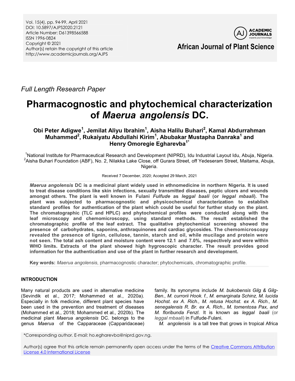 Pharmacognostic and Phytochemical Characterization of Maerua Angolensis DC