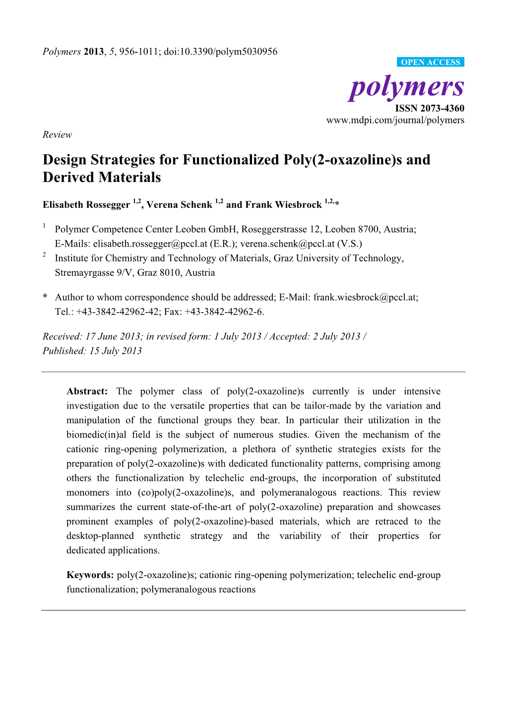 Design Strategies for Functionalized Poly(2-Oxazoline)S and Derived Materials