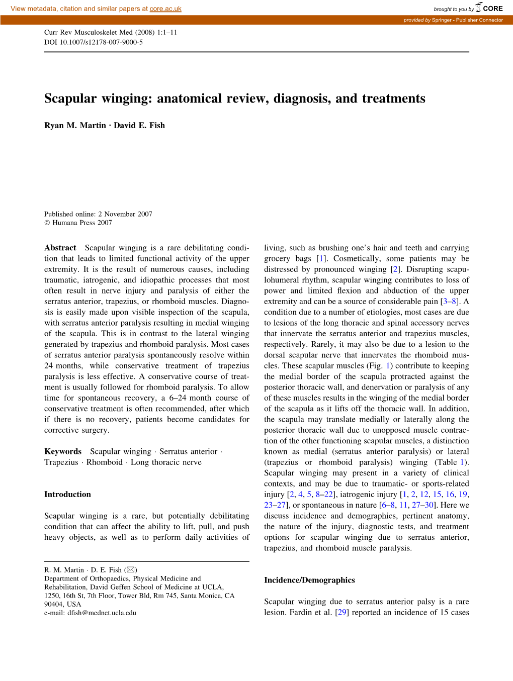 Scapular Winging: Anatomical Review, Diagnosis, and Treatments