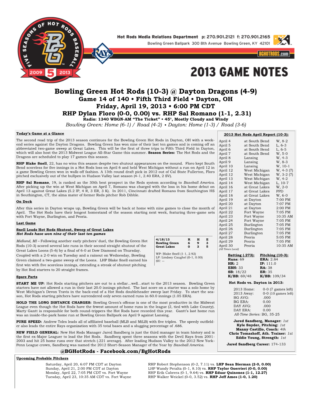 Hot Rods Game Notes 04192013