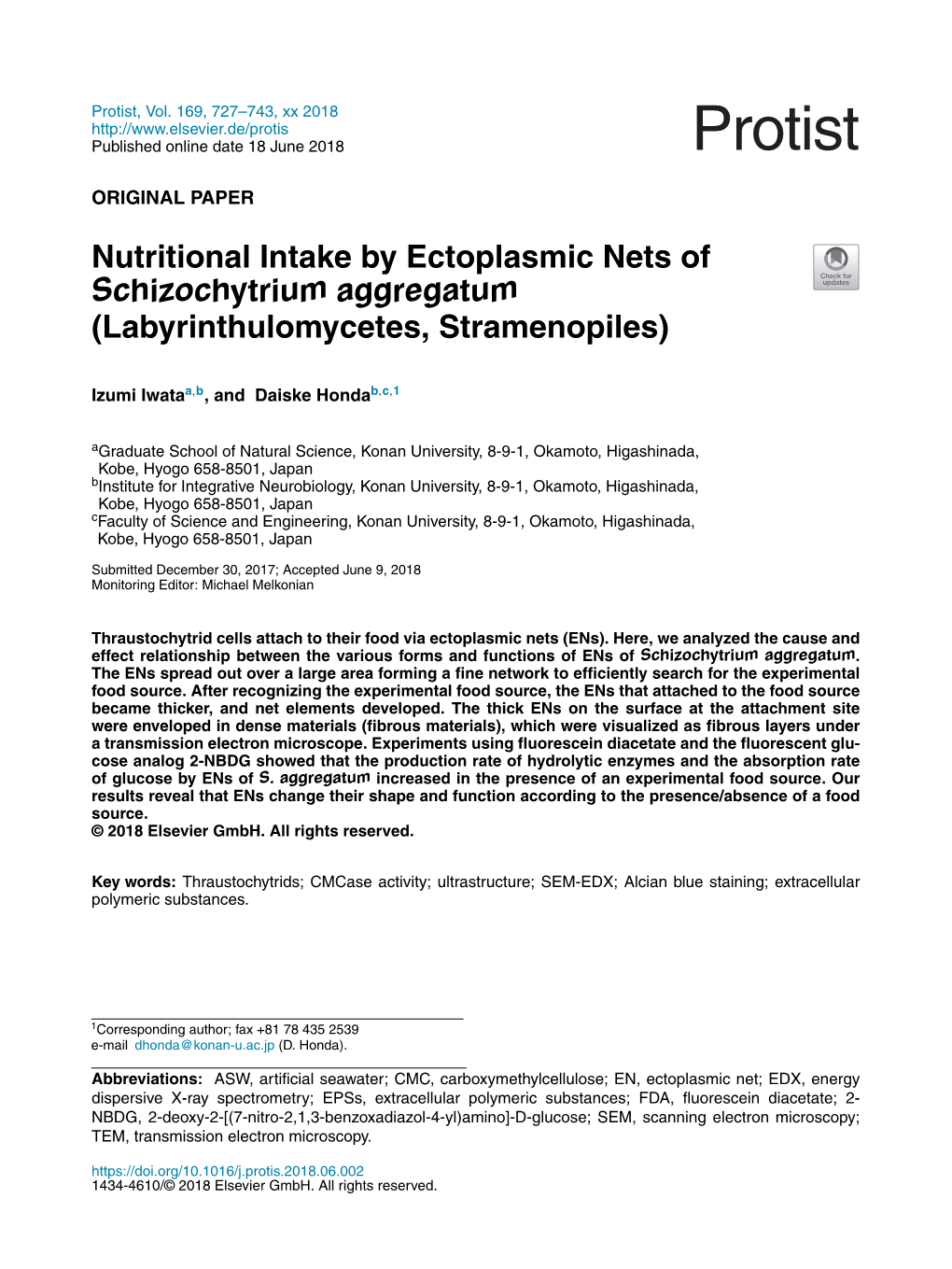 Nutritional Intake by Ectoplasmic Nets of Schizochytrium Aggregatum (Labyrinthulomycetes, Stramenopiles)