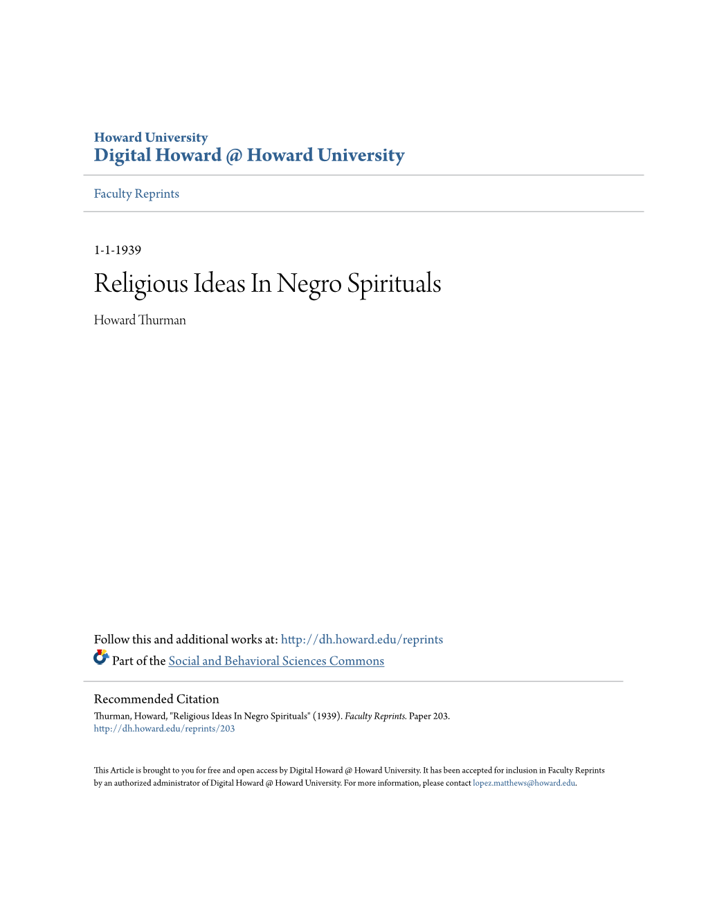 Religious Ideas in Negro Spirituals Howard Thurman