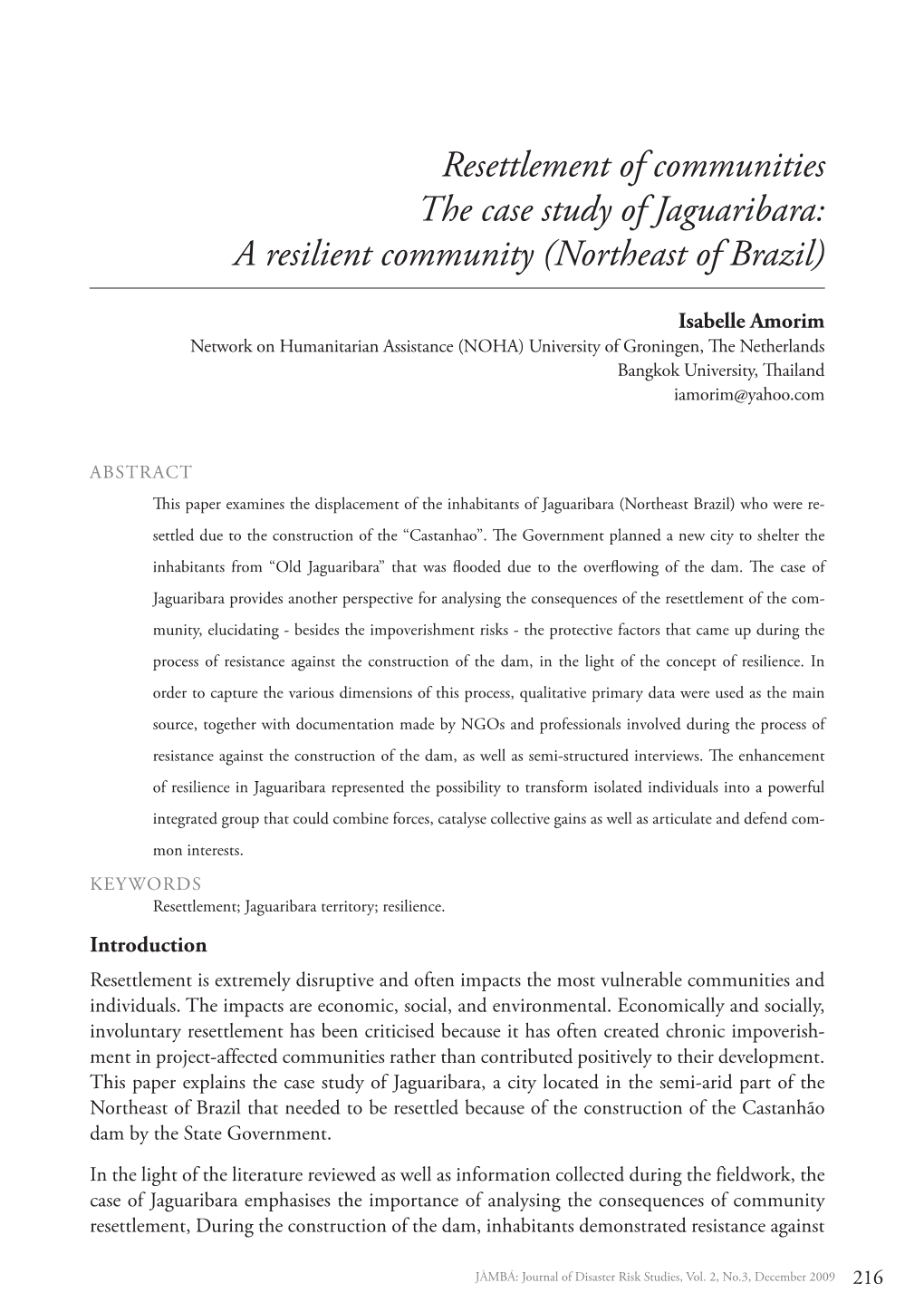 Resettlement of Communities the Case Study of Jaguaribara: a Resilient Community (Northeast of Brazil)