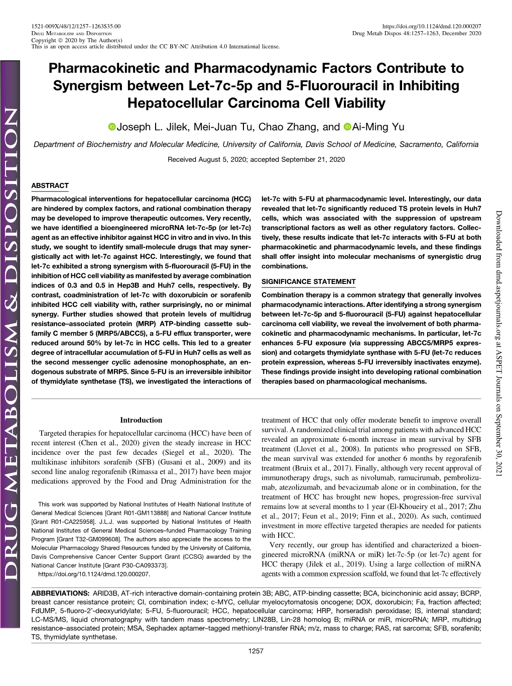 Pharmacokinetic and Pharmacodynamic Factors Contribute to Synergism Between Let-7C-5P and 5-Fluorouracil in Inhibiting Hepatocellular Carcinoma Cell Viability