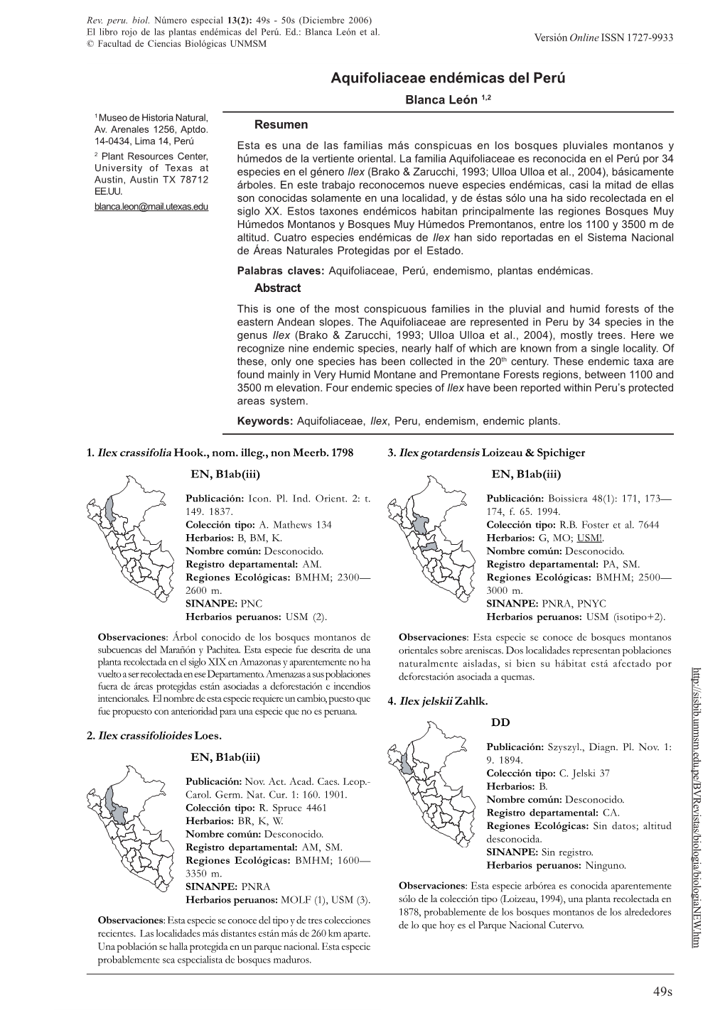 AQUIFOLIACEAE ENDÉMICAS DEL PERÚ Versión Online ISSN 1727-9933 © Facultad De Ciencias Biológicas UNMSM