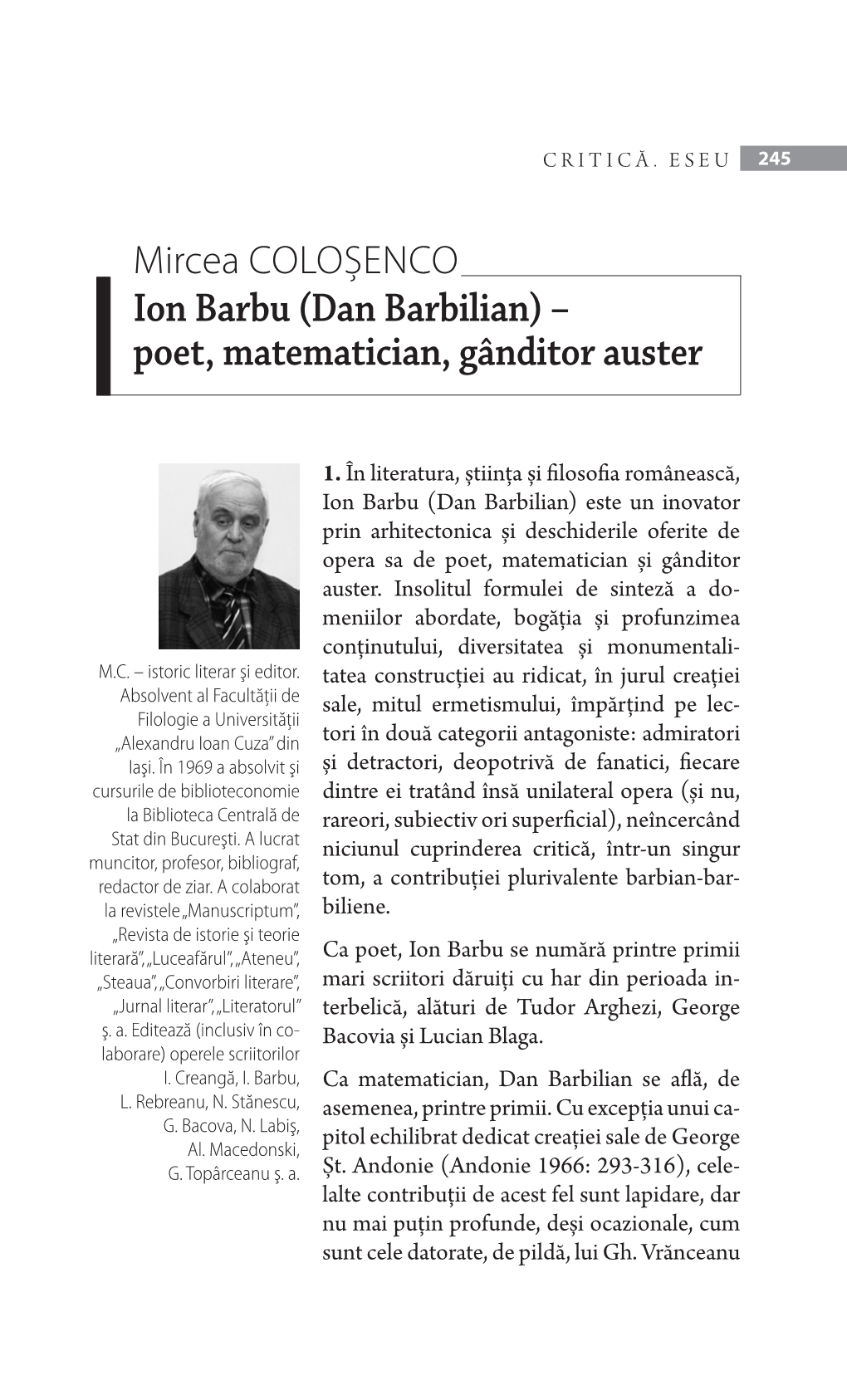 Ion Barbu (Dan Barbilian) – Poet, Matematician, Gânditor Auster