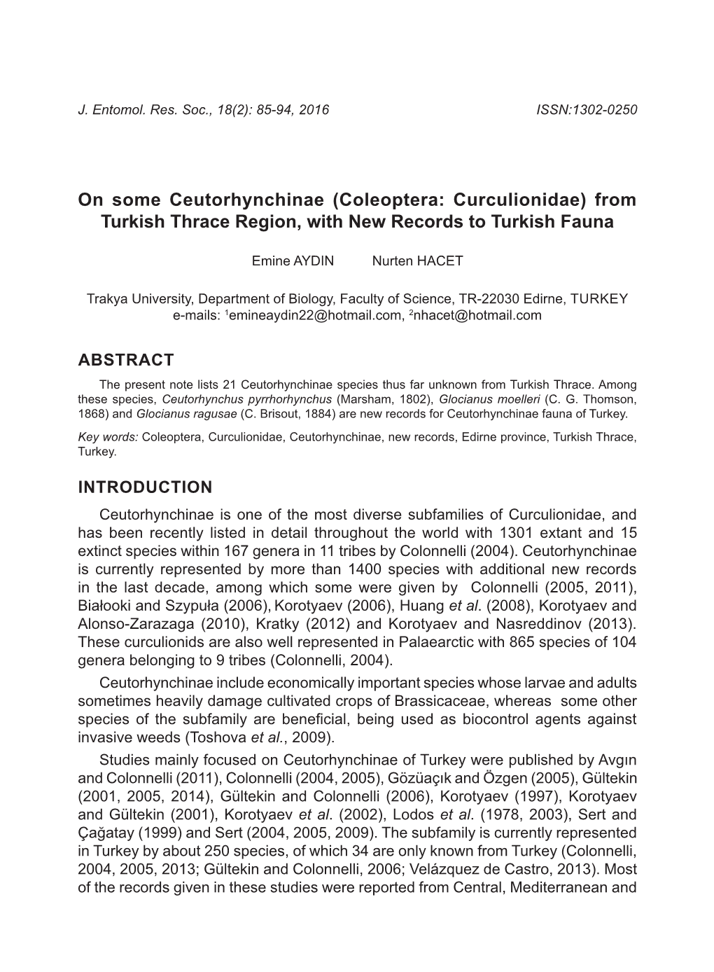 (Coleoptera: Curculionidae) from Turkish Thrace Region, with New Records to Turkish Fauna