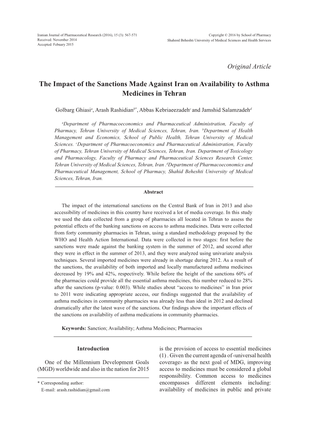 The Impact of the Sanctions Made Against Iran on Availability to Asthma Medicines in Tehran