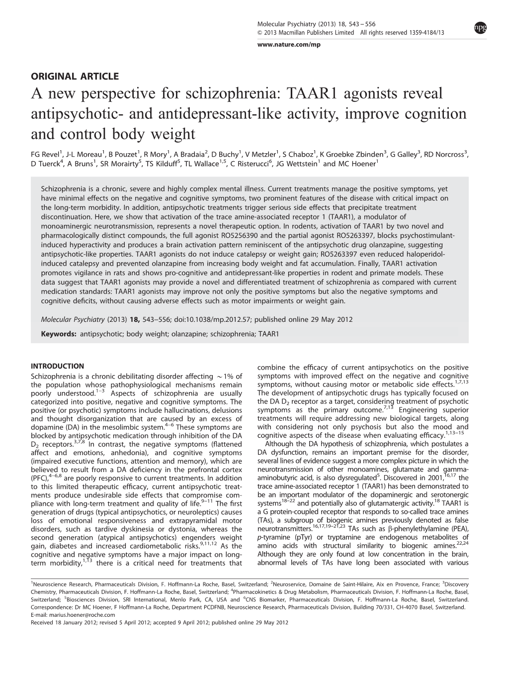 TAAR1 Agonists Reveal Antipsychotic- and Antidepressant-Like Activity, Improve Cognition and Control Body Weight