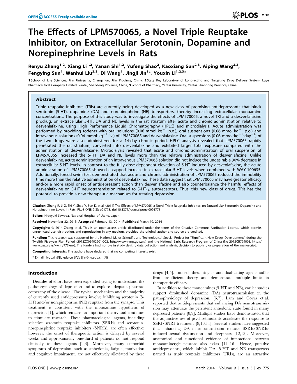 The Effects of LPM570065, a Novel Triple Reuptake Inhibitor, on Extracellular Serotonin, Dopamine and Norepinephrine Levels in Rats