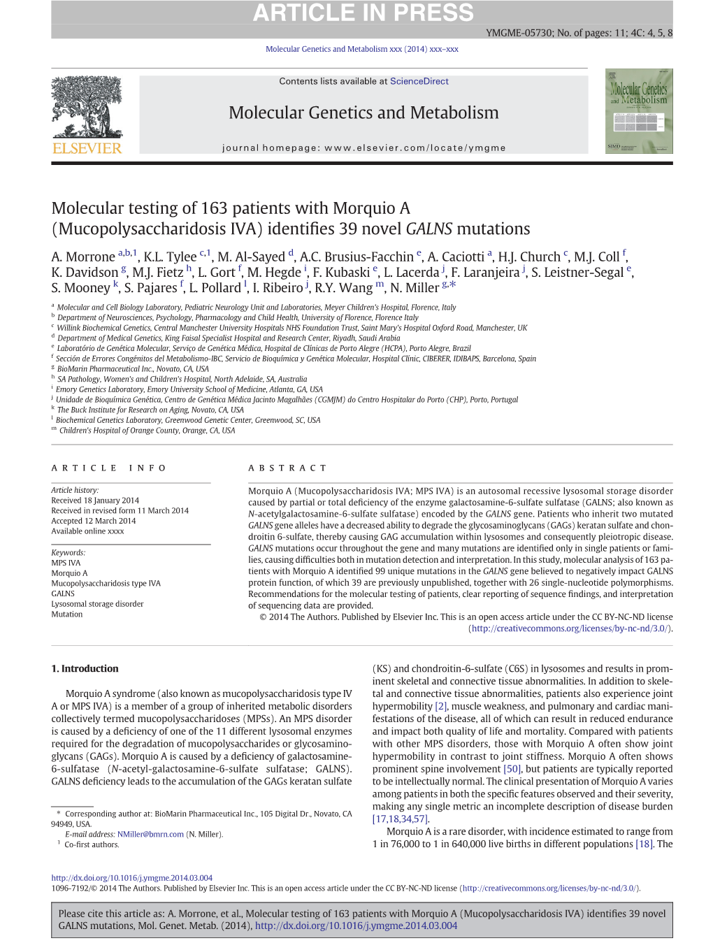 Mucopolysaccharidosis IVA) Identiﬁes 39 Novel GALNS Mutations