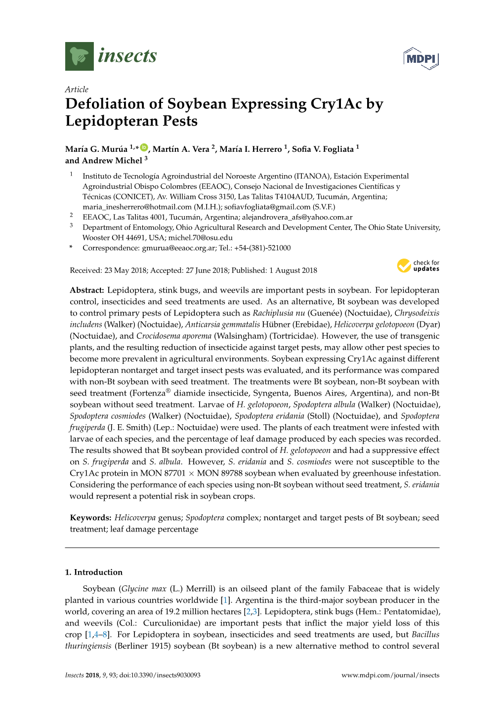 Defoliation of Soybean Expressing Cry1ac by Lepidopteran Pests