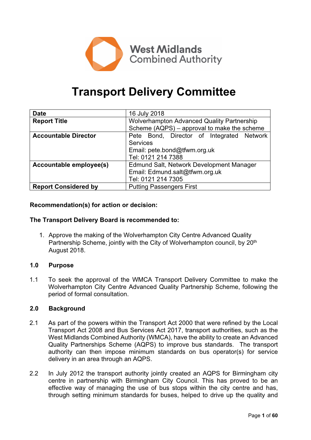 Transport Delivery Committee